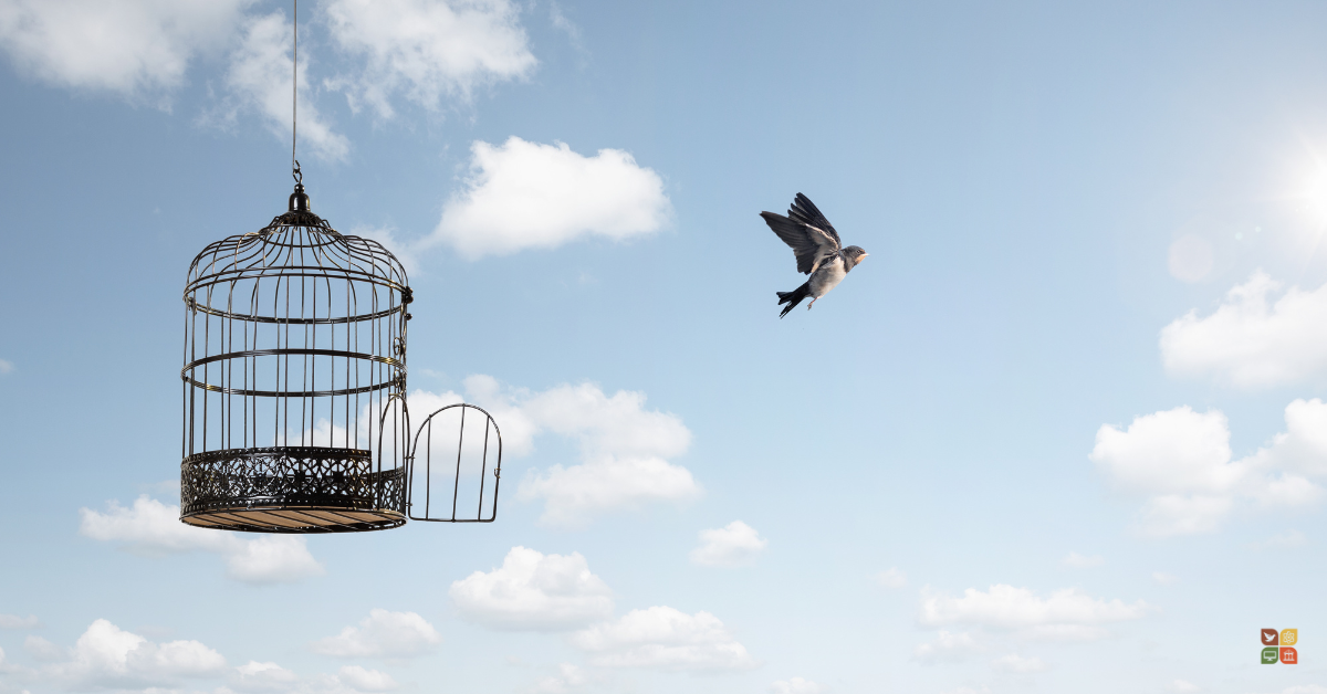 An open birdcage hanging in the sky with a bird flying free into the clouds, symbolizing liberation and freedom.