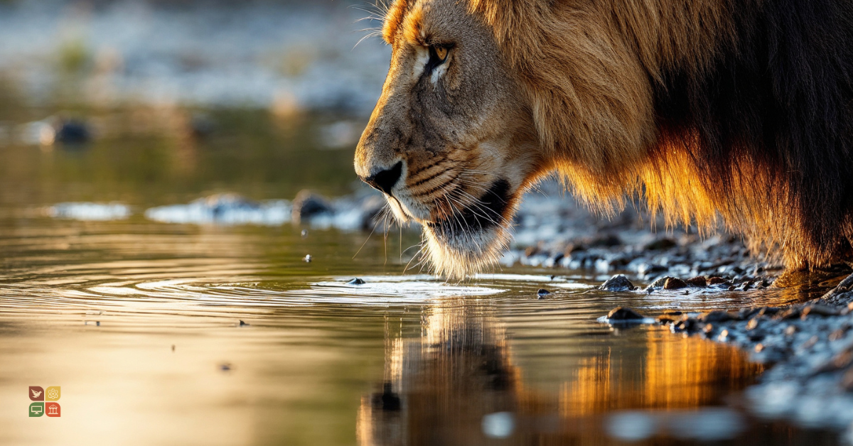 Lion drinking from a river at dusk, symbolizing reflection, resilience, and ethical clarity at the turning of the year.